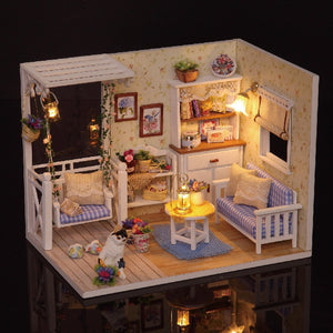 DIY Dollhouse Wooden Miniature Furniture Kit Mini Green House with LED Best Gift