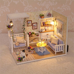 DIY Dollhouse Wooden Miniature Furniture Kit Mini Green House with LED Best Gift