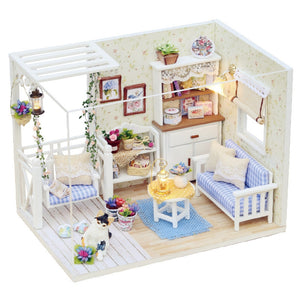 DIY Dollhouse Wooden Miniature Furniture Kit Mini Green House with LED Best Gift